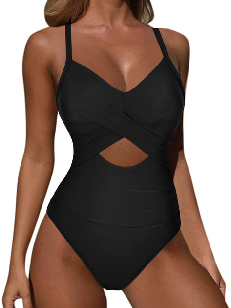 Pxxlle Swim Romper Bathing Suits for Women Ruched One Piece Swimwear Full  Coverage Swimsuit Built in Bra Modest Beachwear with Pockets