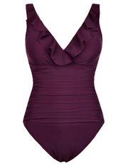Firpearl Women's Ruffle One Piece Bathing Suits V Neck Vintage Tummy Control Swimsuit Swimwear
