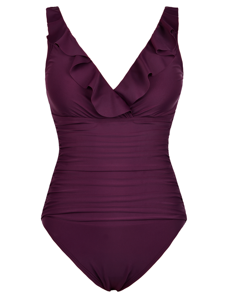 Firpearl Women's Ruffle One Piece Bathing Suits V Neck Vintage Tummy Control Swimsuit Swimwear