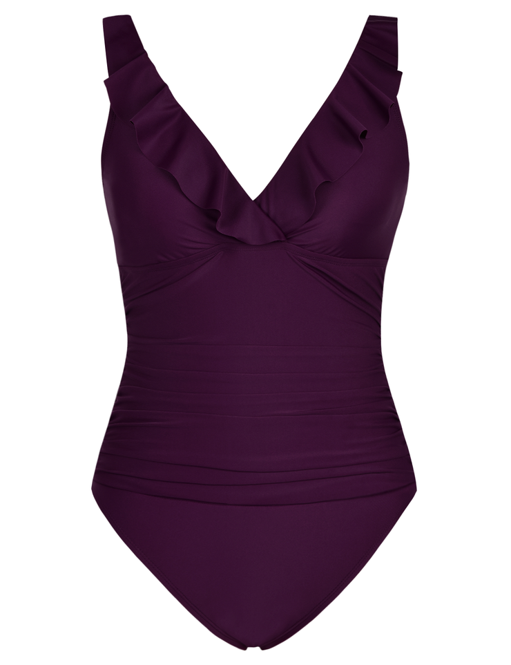 Firpearl Women's Ruffle One Piece Bathing Suits V Neck Vintage Tummy Control Swimsuit Swimwear