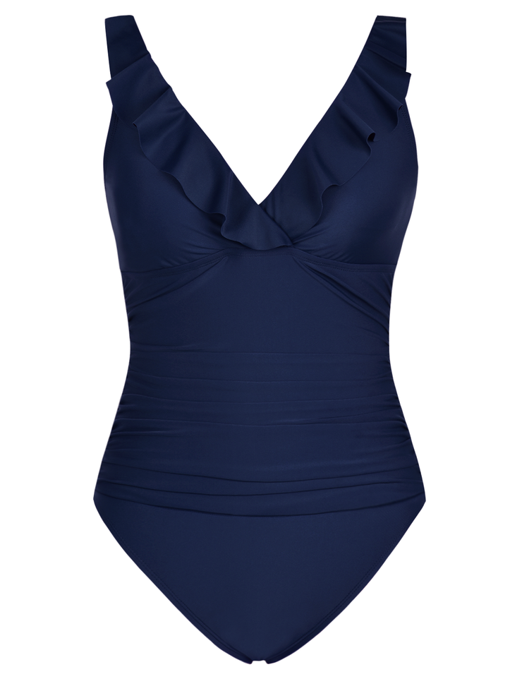 Firpearl Women's Ruffle One Piece Bathing Suits V Neck Vintage Tummy Control Swimsuit Swimwear