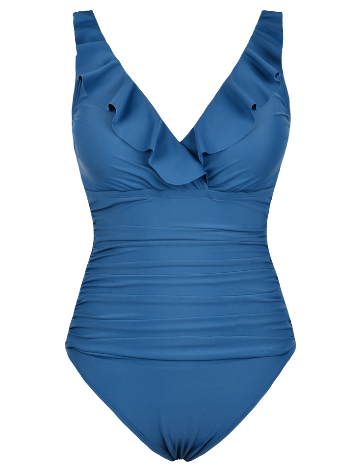 Firpearl Women's Ruffle One Piece Bathing Suits V Neck Vintage Tummy Control Swimsuit Swimwear