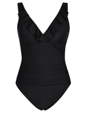 Firpearl Women's Ruffle One Piece Bathing Suits V Neck Vintage Tummy Control Swimsuit Swimwear
