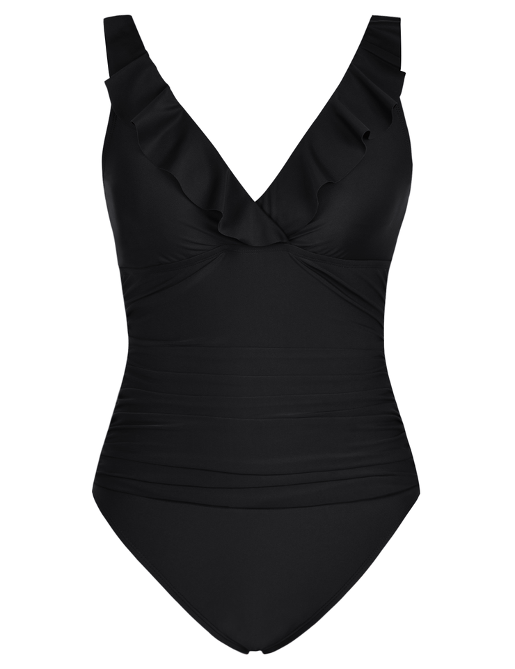 Firpearl Women's Ruffle One Piece Bathing Suits V Neck Vintage Tummy Control Swimsuit Swimwear