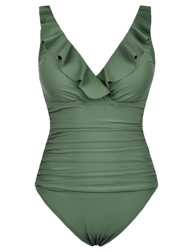 Firpearl Women's Ruffle One Piece Bathing Suits V Neck Vintage Tummy Control Swimsuit Swimwear