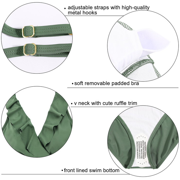 Firpearl Women's Ruffle One Piece Bathing Suits V Neck Vintage Tummy Control Swimsuit Swimwear