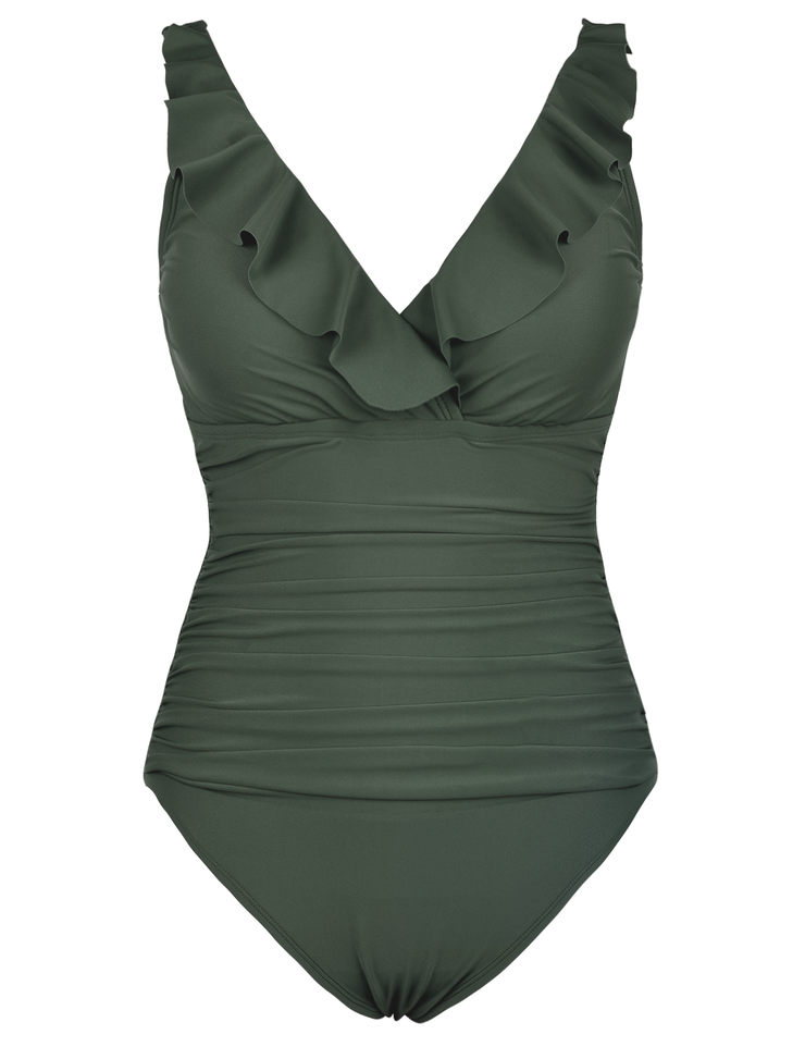 Firpearl Women's Ruffle One Piece Bathing Suits V Neck Vintage Tummy Control Swimsuit Swimwear
