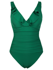 Firpearl Women's Ruffle One Piece Bathing Suits V Neck Vintage Tummy Control Swimsuit Swimwear