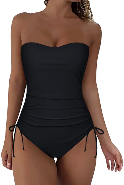 Firpearl Strapless One Piece Bathing Suit for Women Ruched Tummy Control Bandeau Swimsuits Slimming Tube Top Swimwear