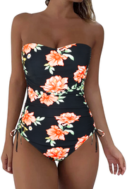 Firpearl Strapless One Piece Bathing Suit for Women Ruched Tummy Control Bandeau Swimsuits Slimming Tube Top Swimwear
