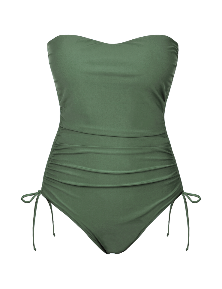 Firpearl Strapless One Piece Bathing Suit for Women Ruched Tummy Control Bandeau Swimsuits Slimming Tube Top Swimwear
