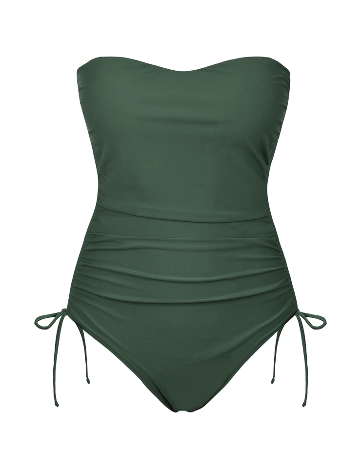 Firpearl Strapless One Piece Bathing Suit for Women Ruched Tummy Control Bandeau Swimsuits Slimming Tube Top Swimwear