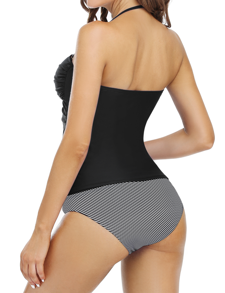 Firpearl Strapless Tankini Bathing Suits for Women Ruched Tummy Control Swimwear Halter Two Piece Swimsuit