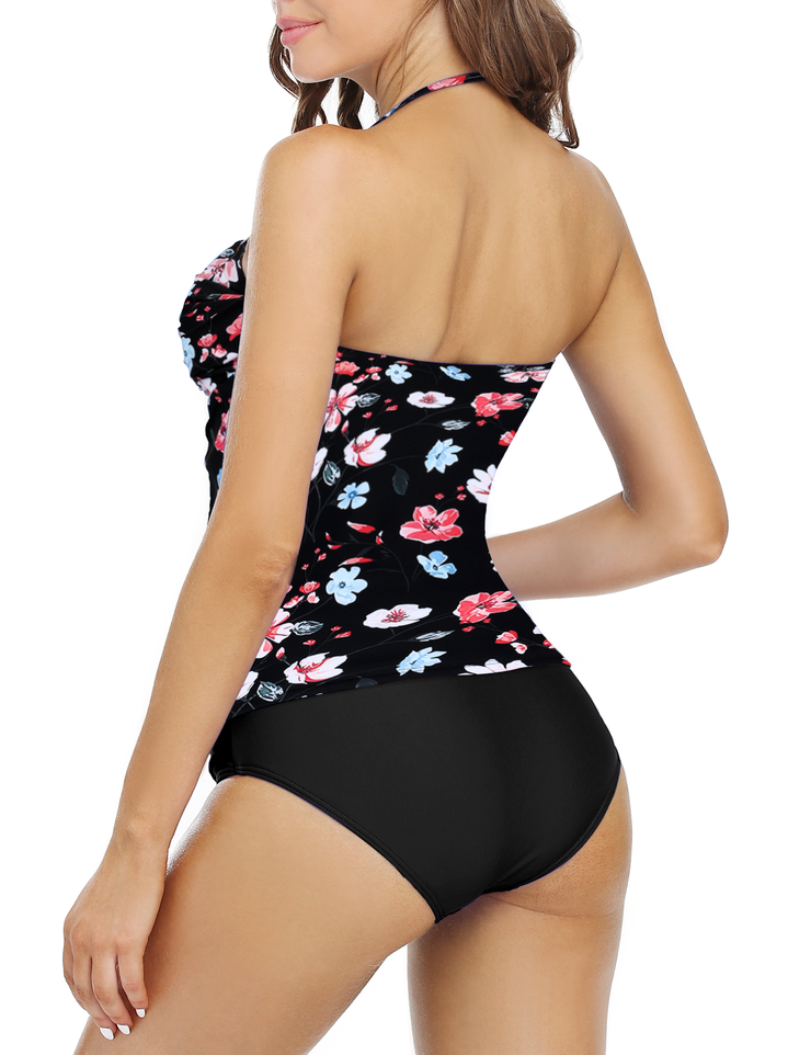 Firpearl Strapless Tankini Bathing Suits for Women Ruched Tummy Control Swimwear Halter Two Piece Swimsuit