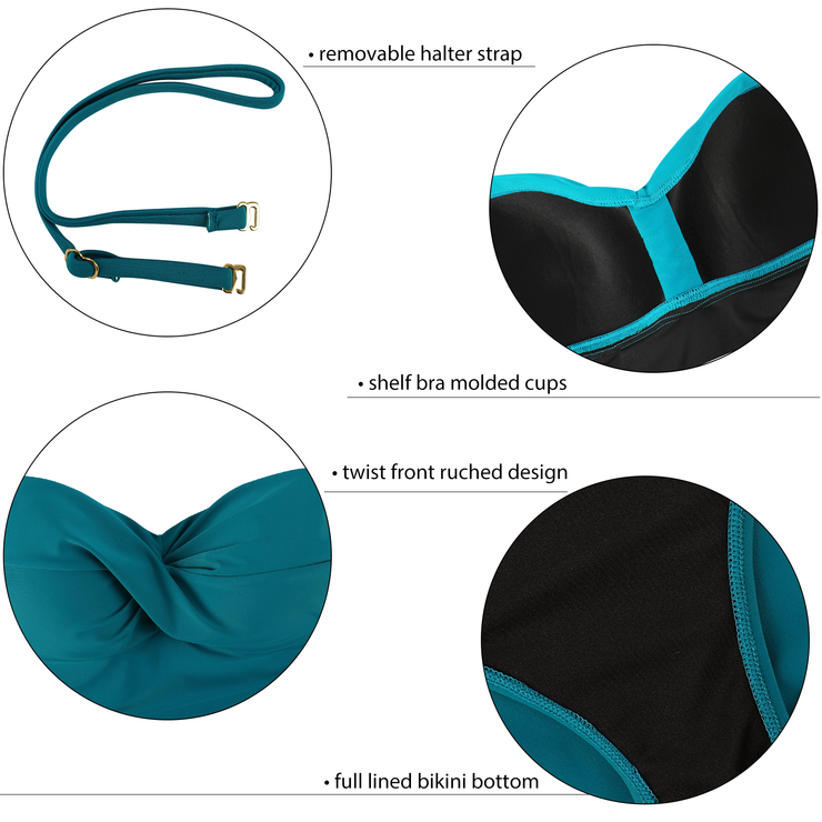 Firpearl Strapless Tankini Bathing Suits for Women Ruched Tummy Control Swimwear Halter Two Piece Swimsuit