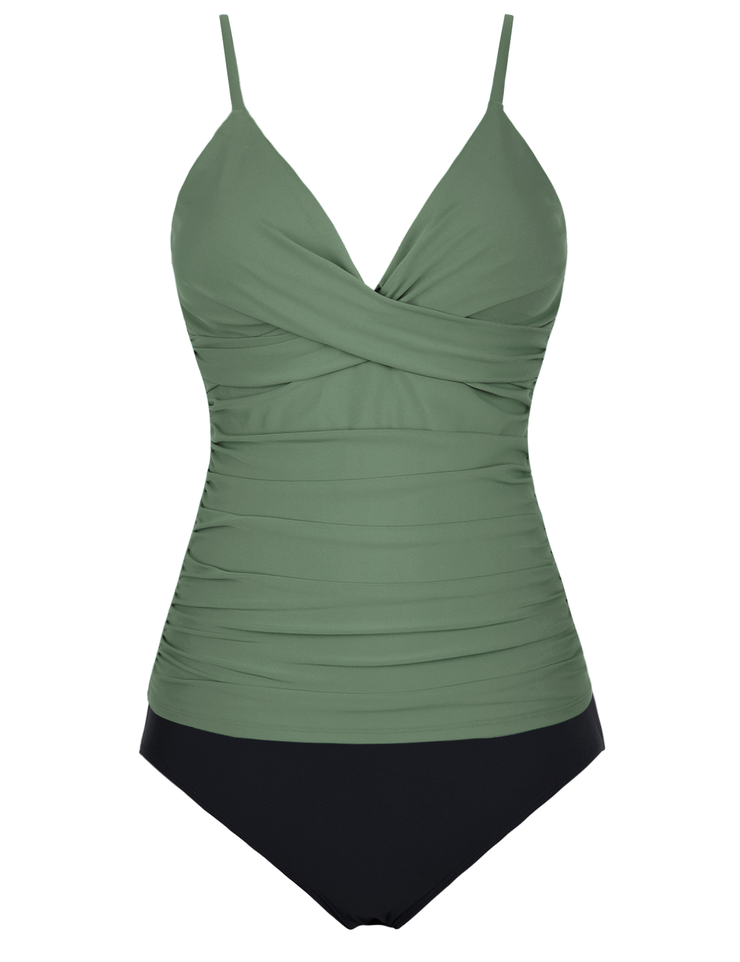 Firpearl Women's Tankini Swimsuits Twist V Neck Swim Top with Shorts Ruched Tummy Control Two Piece Bathing Suit