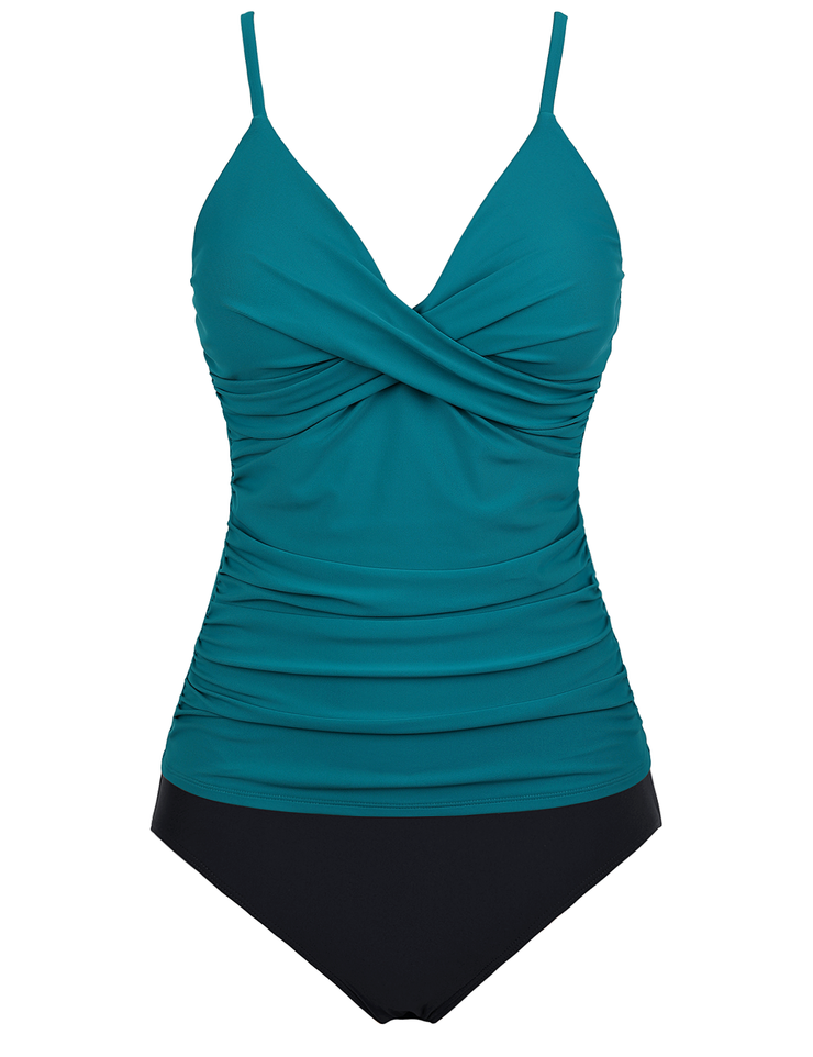 Firpearl Women's Tankini Swimsuits Twist V Neck Swim Top with Shorts Ruched Tummy Control Two Piece Bathing Suit