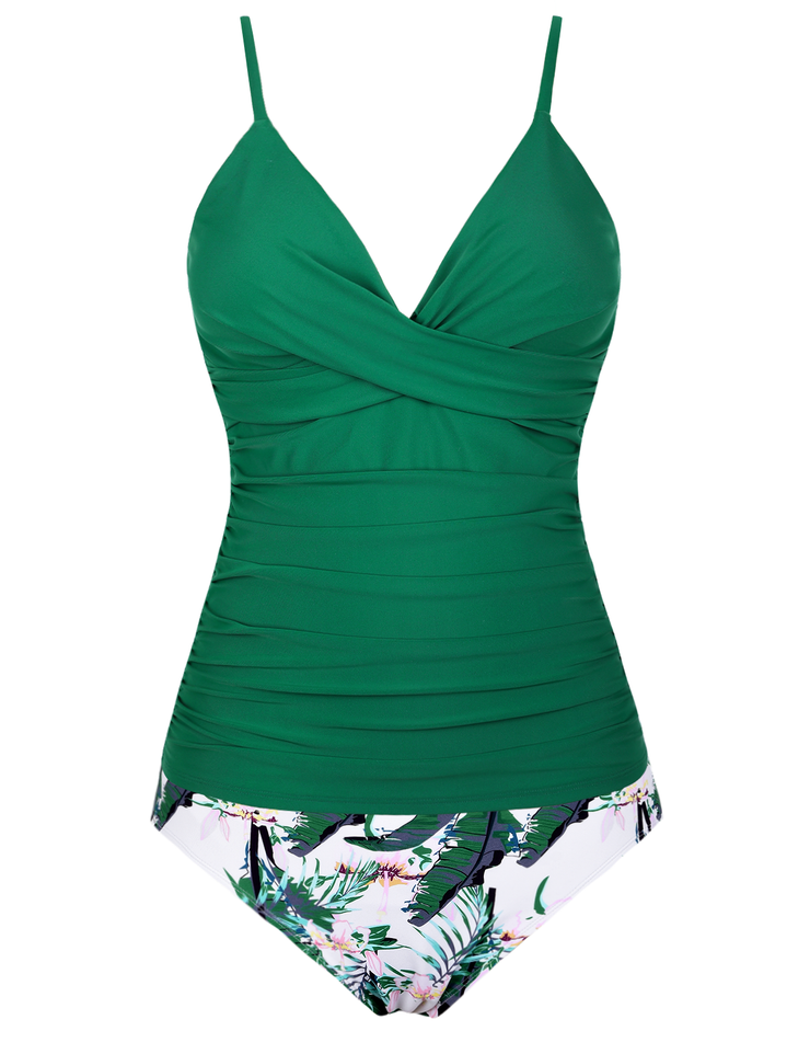 Firpearl Women's Tankini Swimsuits Twist V Neck Swim Top with Shorts Ruched Tummy Control Two Piece Bathing Suit