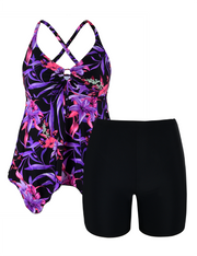 Firpearl Plus Size Tankini Swimsuits for Women Flowy V Neck Bathing Suit Top with Boyshorts Cross Back 2 Piece Swimwear