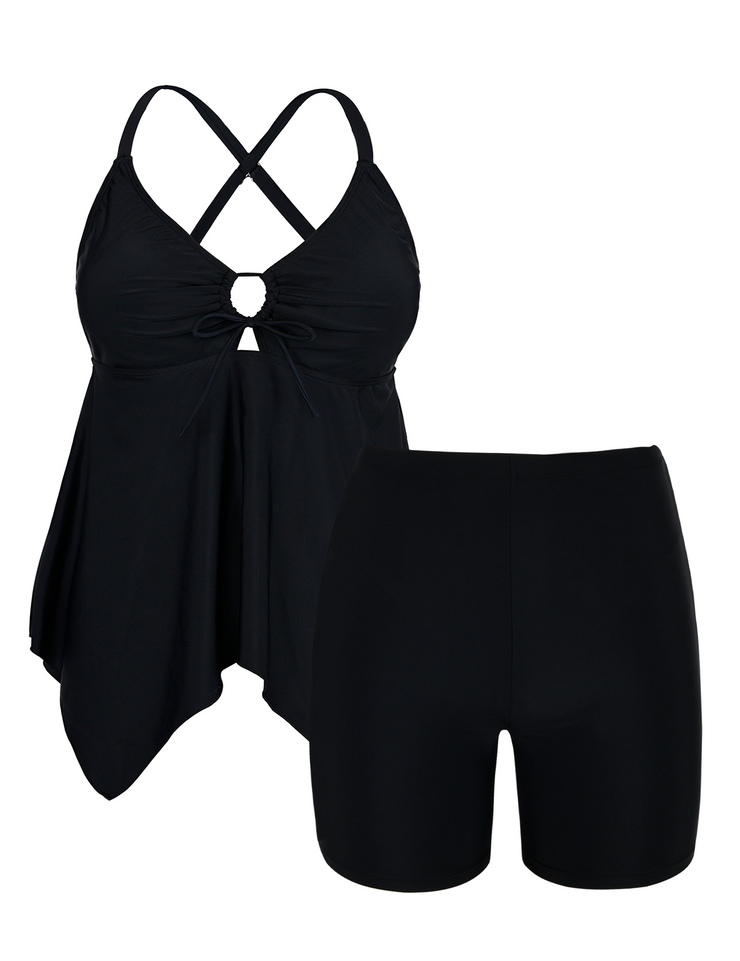 Firpearl Plus Size Tankini Swimsuits for Women Flowy V Neck Bathing Suit Top with Boyshorts Cross Back 2 Piece Swimwear