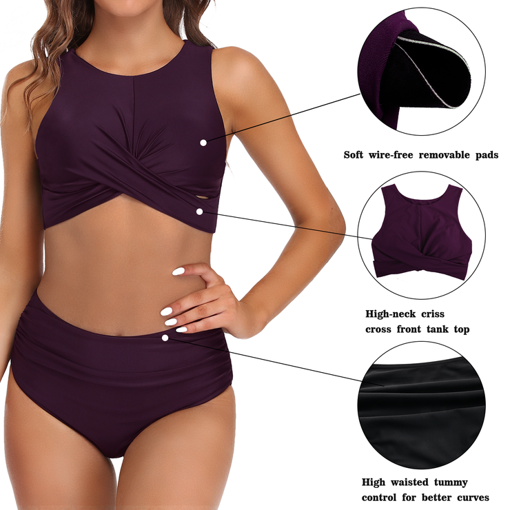 Firpearl Women's High Waisted Bikini Set Keyhole Tank Swimsuits Wrap Criss Cross Two Piece Bathing Suits