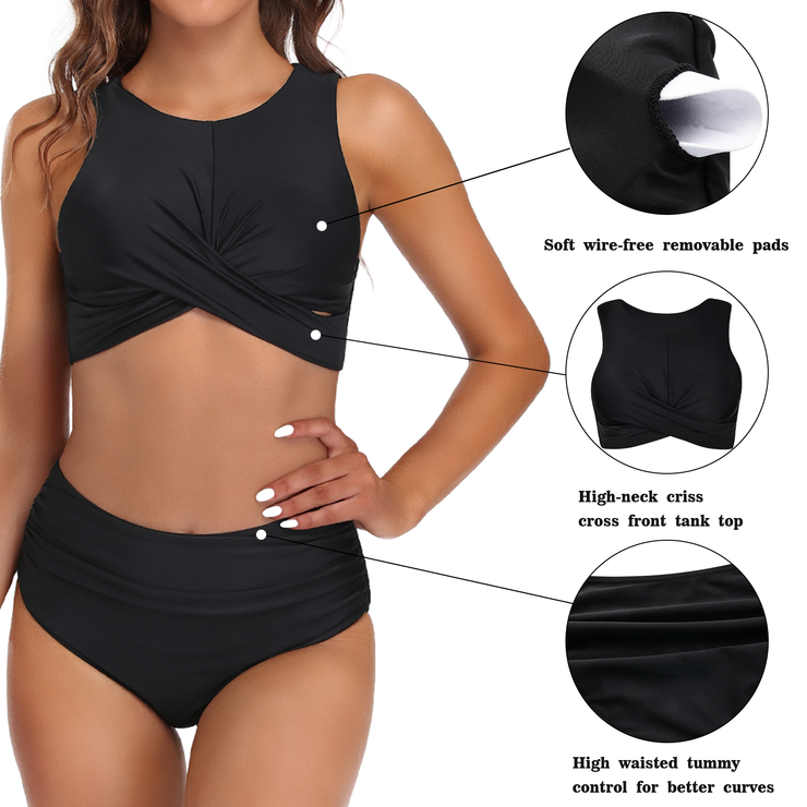 Firpearl Women's High Waisted Bikini Set Keyhole Tank Swimsuits Wrap Criss Cross Two Piece Bathing Suits