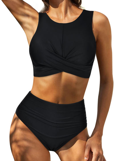 Firpearl Women's High Waisted Bikini Set Keyhole Tank Swimsuits Wrap Criss Cross Two Piece Bathing Suits