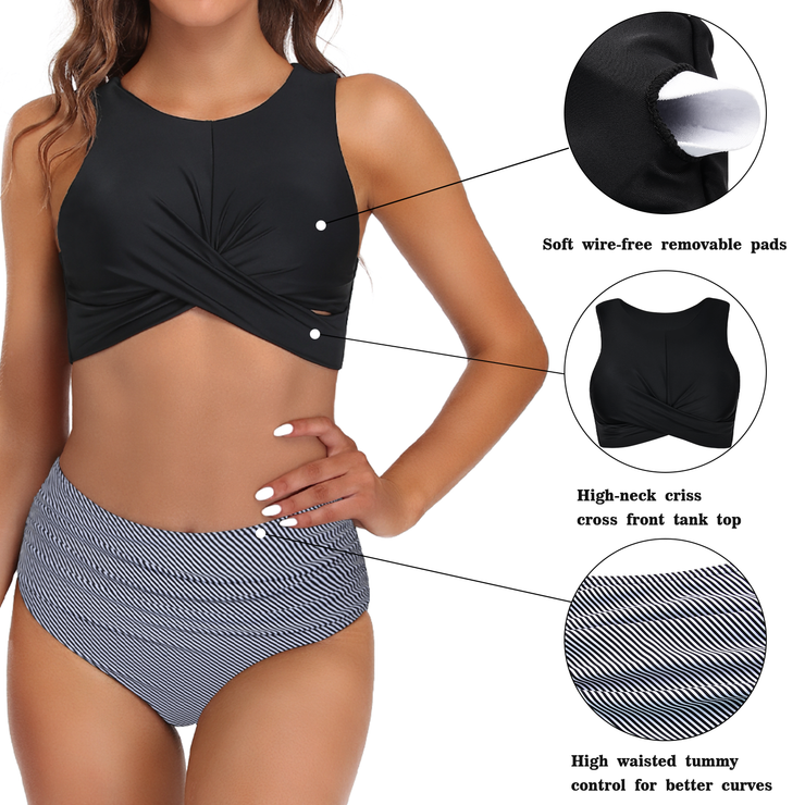 Firpearl Women's High Waisted Bikini Set Keyhole Tank Swimsuits Wrap Criss Cross Two Piece Bathing Suits
