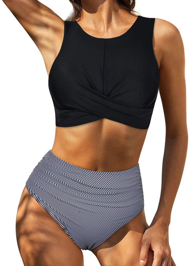 Firpearl Women's High Waisted Bikini Set Keyhole Tank Swimsuits Wrap Criss Cross Two Piece Bathing Suits