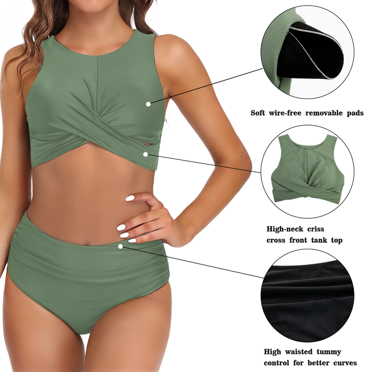 Firpearl Women's High Waisted Bikini Set Keyhole Tank Swimsuits Wrap Criss Cross Two Piece Bathing Suits