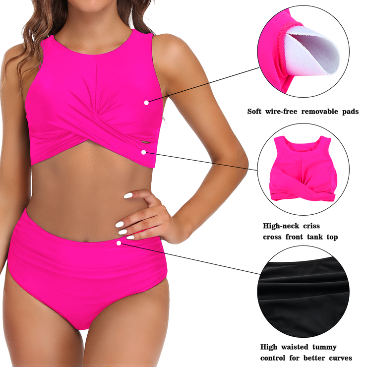 Firpearl Women's High Waisted Bikini Set Keyhole Tank Swimsuits Wrap Criss Cross Two Piece Bathing Suits