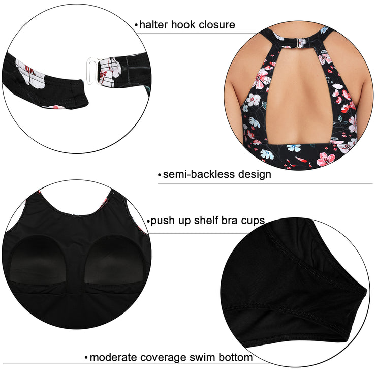 Firpearl Women's Tankini Swimsuits High Neck Tankini Tops with Swim Shorts Tummy Control Two Piece Bathing Suits