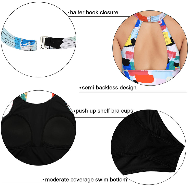 Firpearl Women's Tankini Swimsuits High Neck Tankini Tops with Swim Shorts Tummy Control Two Piece Bathing Suits