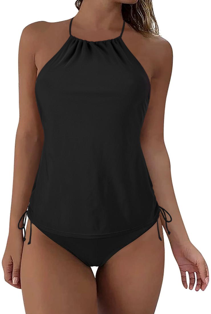 Firpearl Halter Tankini Swimsuits for Women High Neck Two Piece Bathing Suits Ruched Tummy Control Swimwear