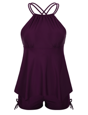 Firpearl Plus Size Tankini Swimsuits for Women Flowy High Neck Bathing Suit Top with Shorts Cross Back 2 Piece Swimwear