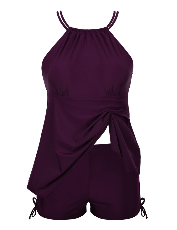 Firpearl Plus Size Tankini Swimsuits for Women Flowy High Neck Bathing Suit Top with Shorts Cross Back 2 Piece Swimwear