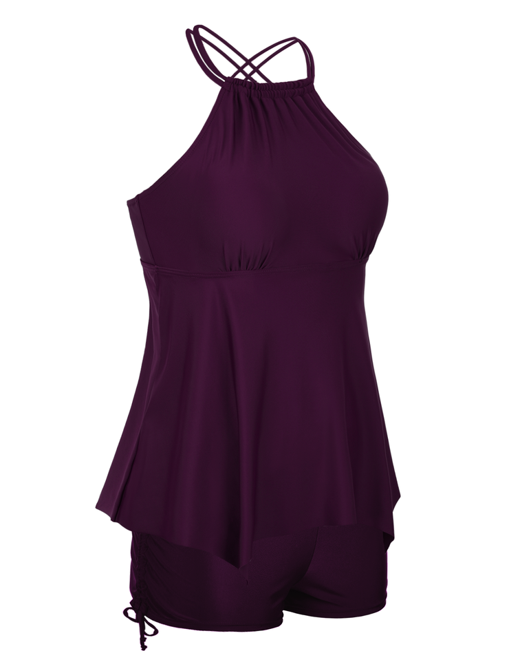 Firpearl Plus Size Tankini Swimsuits for Women Flowy High Neck Bathing Suit Top with Shorts Cross Back 2 Piece Swimwear