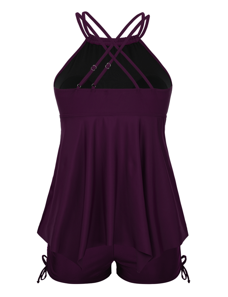 Firpearl Plus Size Tankini Swimsuits for Women Flowy High Neck Bathing Suit Top with Shorts Cross Back 2 Piece Swimwear