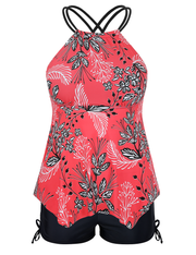 Firpearl Plus Size Tankini Swimsuits for Women Flowy High Neck Bathing Suit Top with Shorts Cross Back 2 Piece Swimwear
