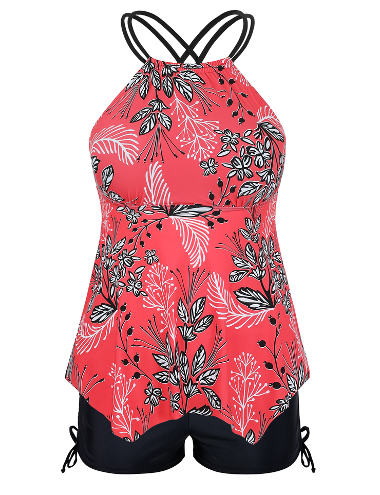 Firpearl Plus Size Tankini Swimsuits for Women Flowy High Neck Bathing Suit Top with Shorts Cross Back 2 Piece Swimwear