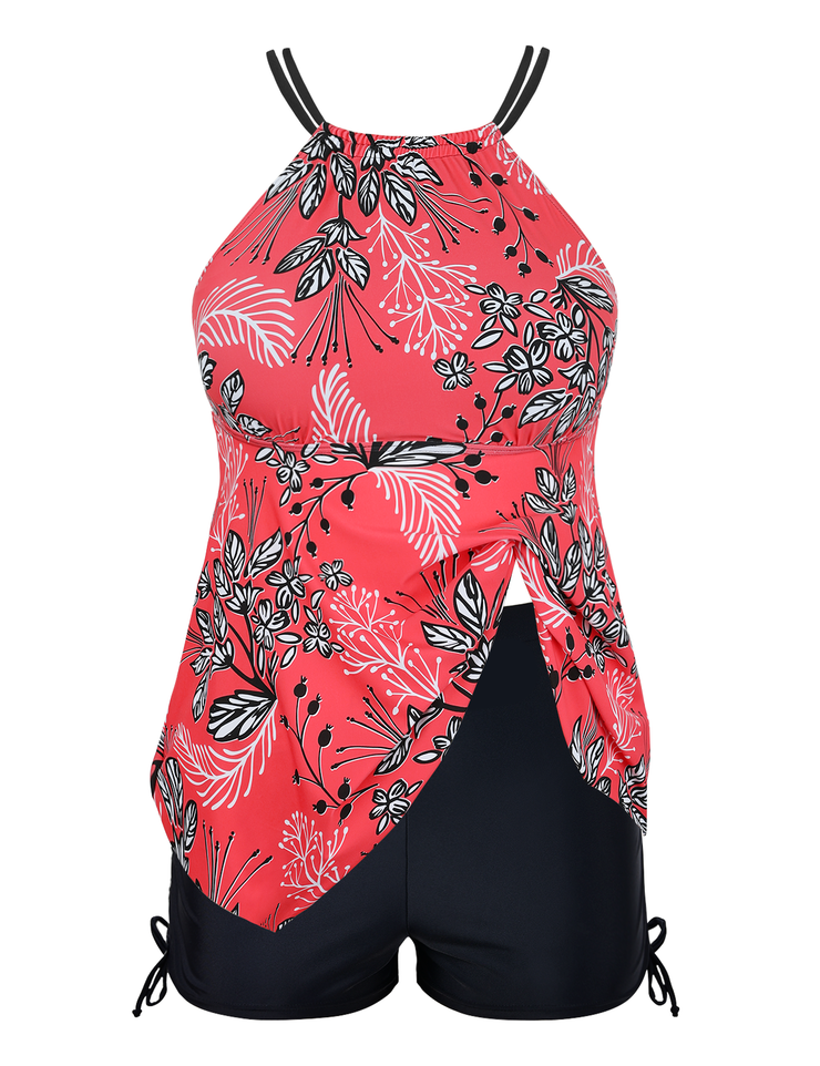 Firpearl Plus Size Tankini Swimsuits for Women Flowy High Neck Bathing Suit Top with Shorts Cross Back 2 Piece Swimwear