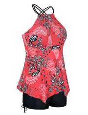 Firpearl Plus Size Tankini Swimsuits for Women Flowy High Neck Bathing Suit Top with Shorts Cross Back 2 Piece Swimwear