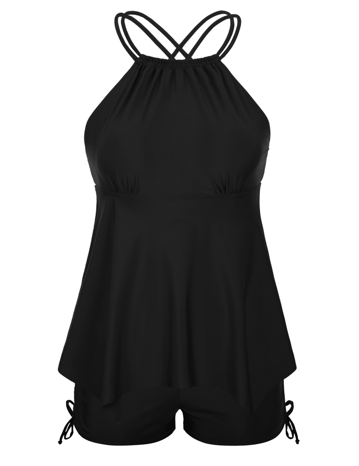 Firpearl Plus Size Tankini Swimsuits for Women Flowy High Neck Bathing Suit Top with Shorts Cross Back 2 Piece Swimwear
