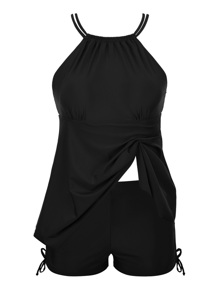 Firpearl Plus Size Tankini Swimsuits for Women Flowy High Neck Bathing Suit Top with Shorts Cross Back 2 Piece Swimwear