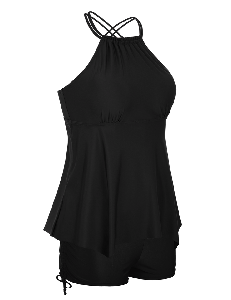 Firpearl Plus Size Tankini Swimsuits for Women Flowy High Neck Bathing Suit Top with Shorts Cross Back 2 Piece Swimwear