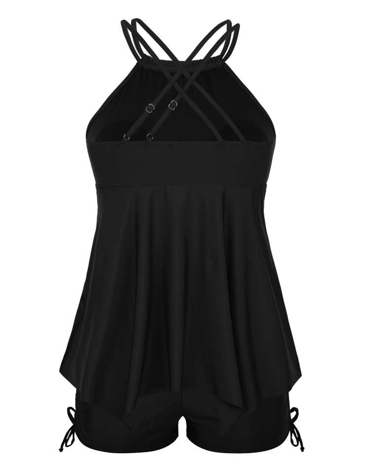 Firpearl Plus Size Tankini Swimsuits for Women Flowy High Neck Bathing Suit Top with Shorts Cross Back 2 Piece Swimwear