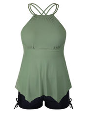 Firpearl Plus Size Tankini Swimsuits for Women Flowy High Neck Bathing Suit Top with Shorts Cross Back 2 Piece Swimwear