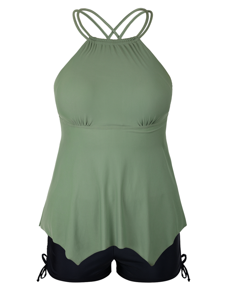 Firpearl Plus Size Tankini Swimsuits for Women Flowy High Neck Bathing Suit Top with Shorts Cross Back 2 Piece Swimwear