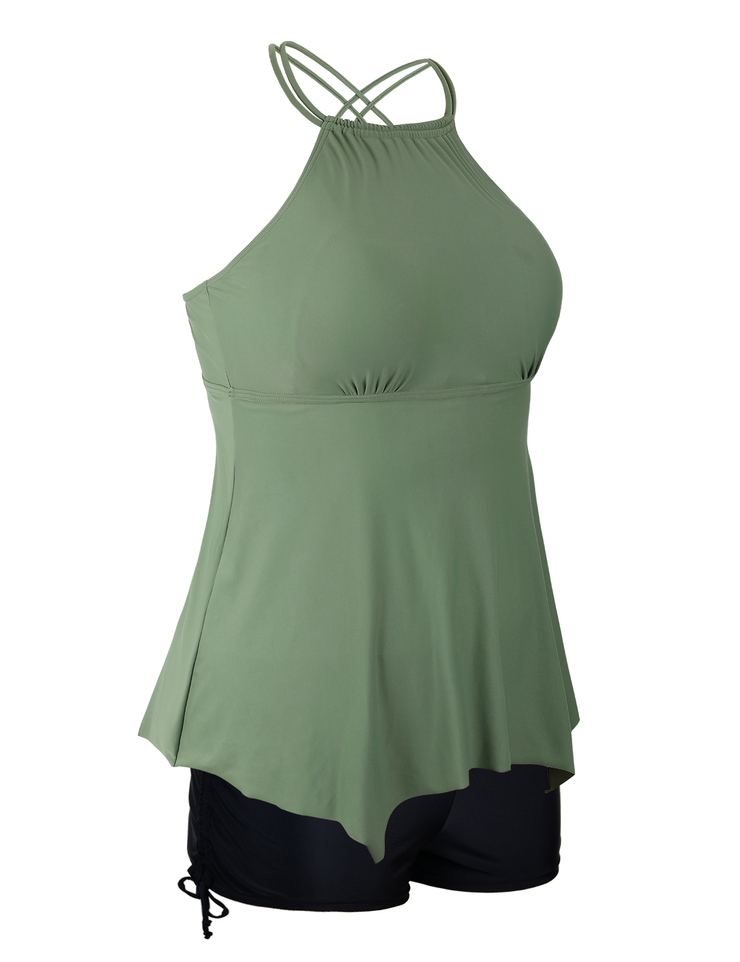 Firpearl Plus Size Tankini Swimsuits for Women Flowy High Neck Bathing Suit Top with Shorts Cross Back 2 Piece Swimwear