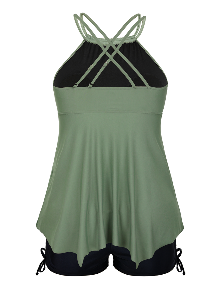 Firpearl Plus Size Tankini Swimsuits for Women Flowy High Neck Bathing Suit Top with Shorts Cross Back 2 Piece Swimwear